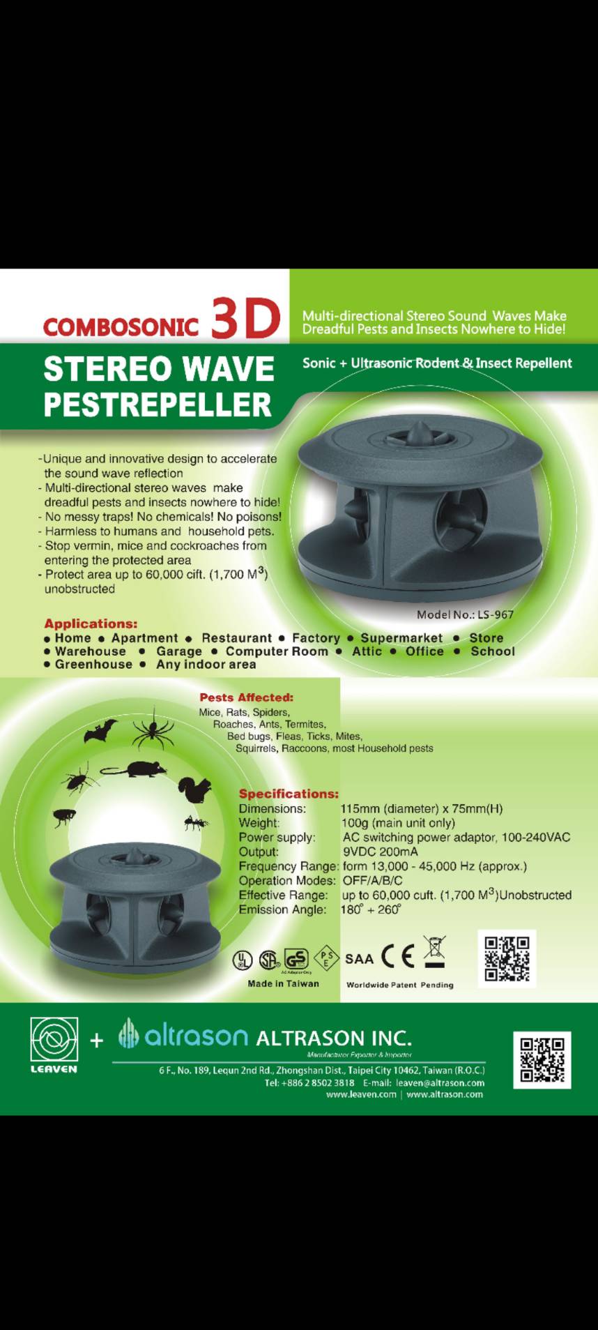 Altrason COMBOSONIC 3D Ultrasonic Pest Repeller (Indoor Flagship)